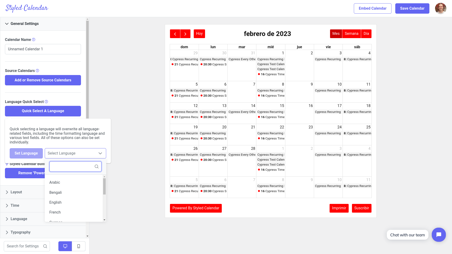 Quick select from the top 10 languages in the world, or customize your calendar’s text manually to support less common languages