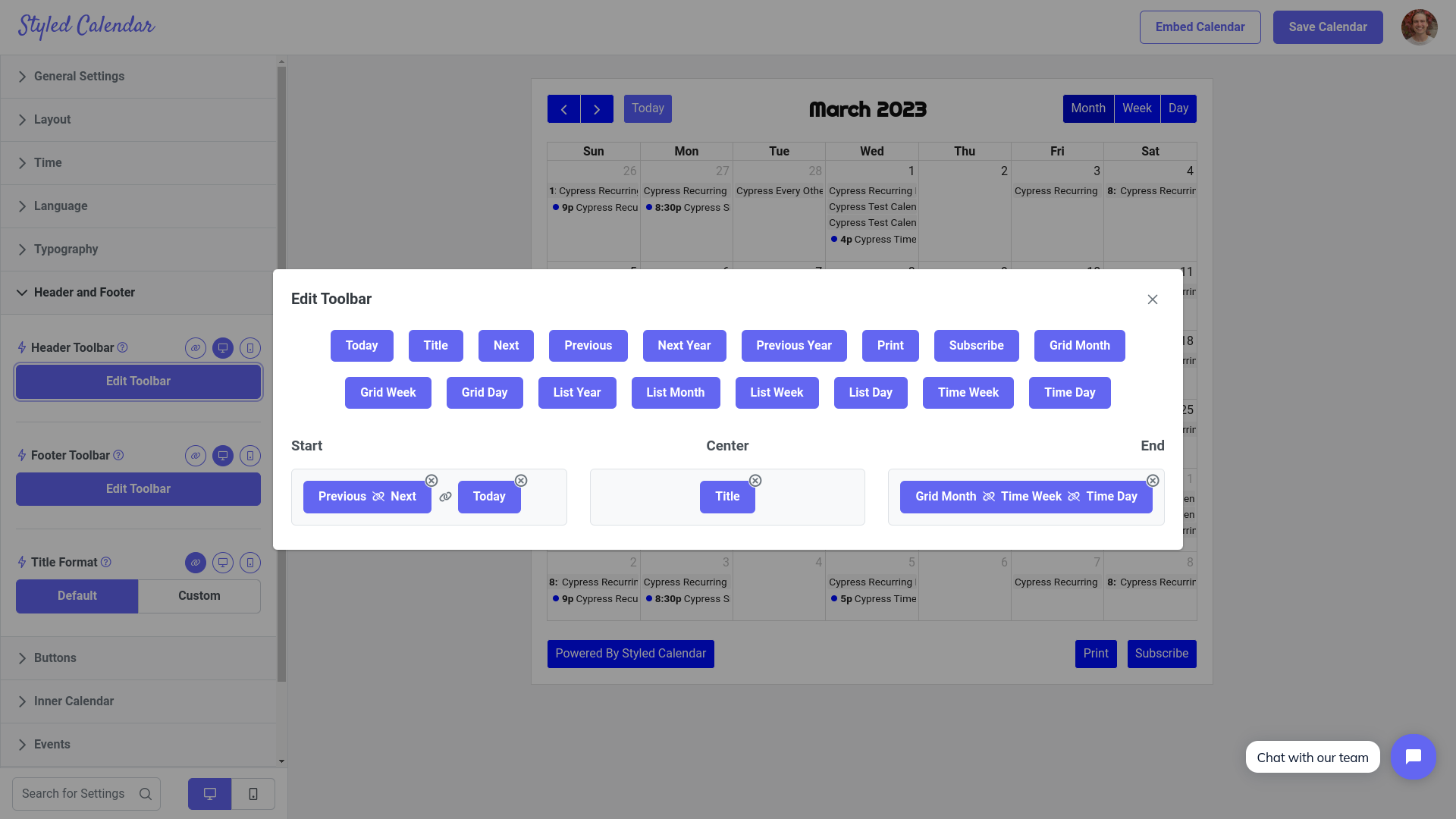 Edit the layout of the calendar's header and footer