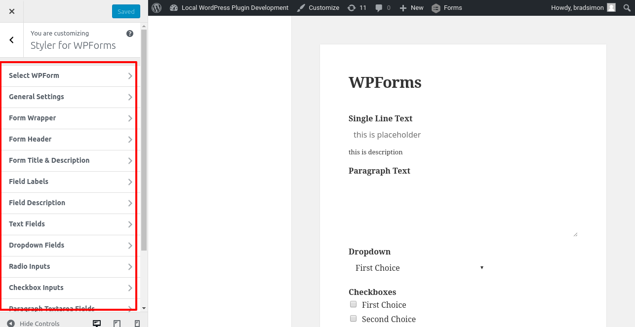 Sections for Settings