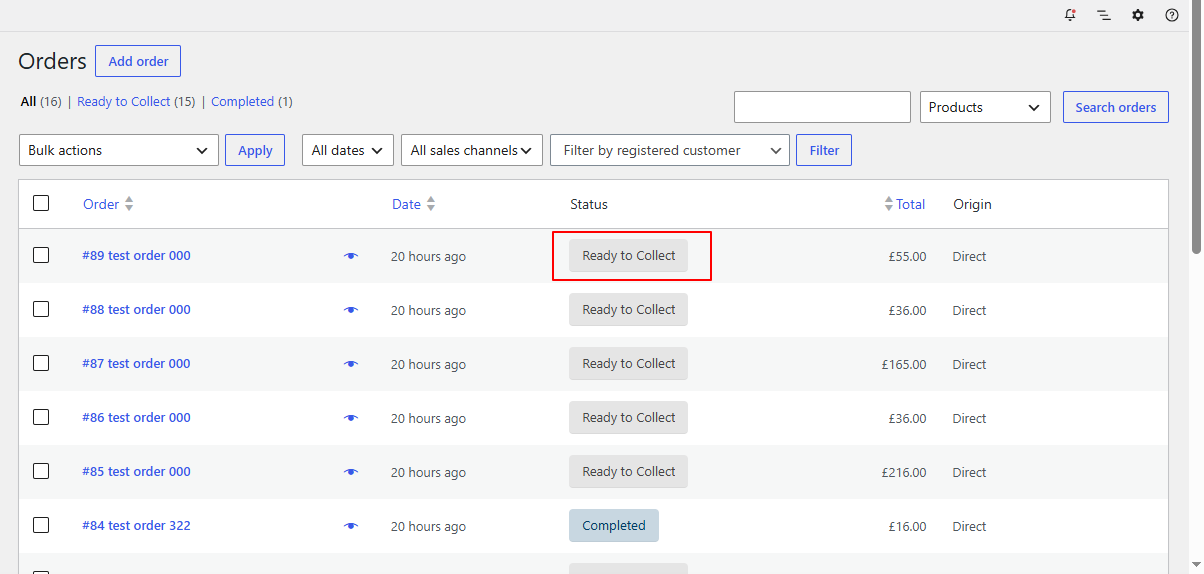 Admin Orders Table with Quick Action Button