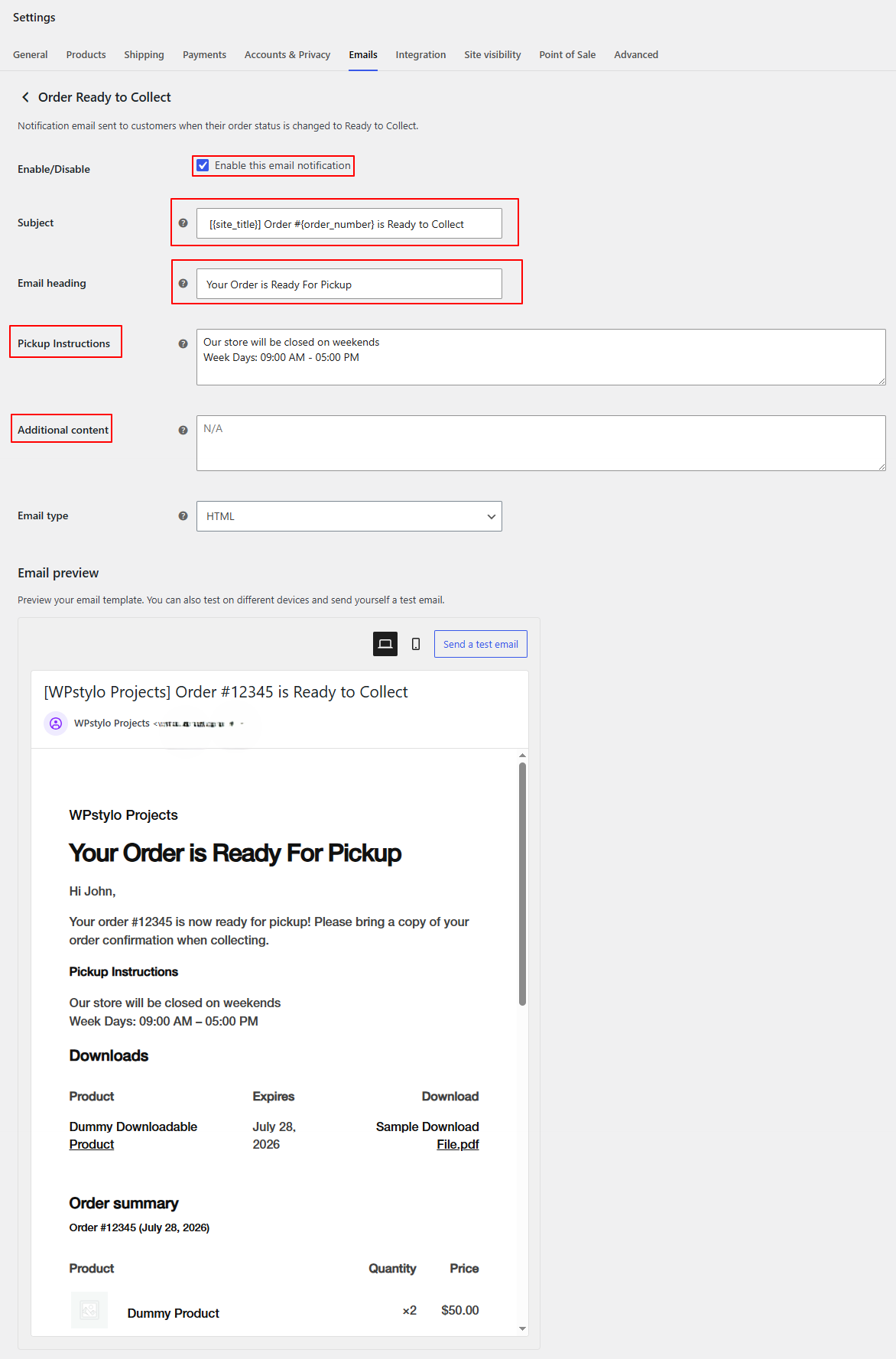 WooCommerce Email Settings & Pickup Instructions