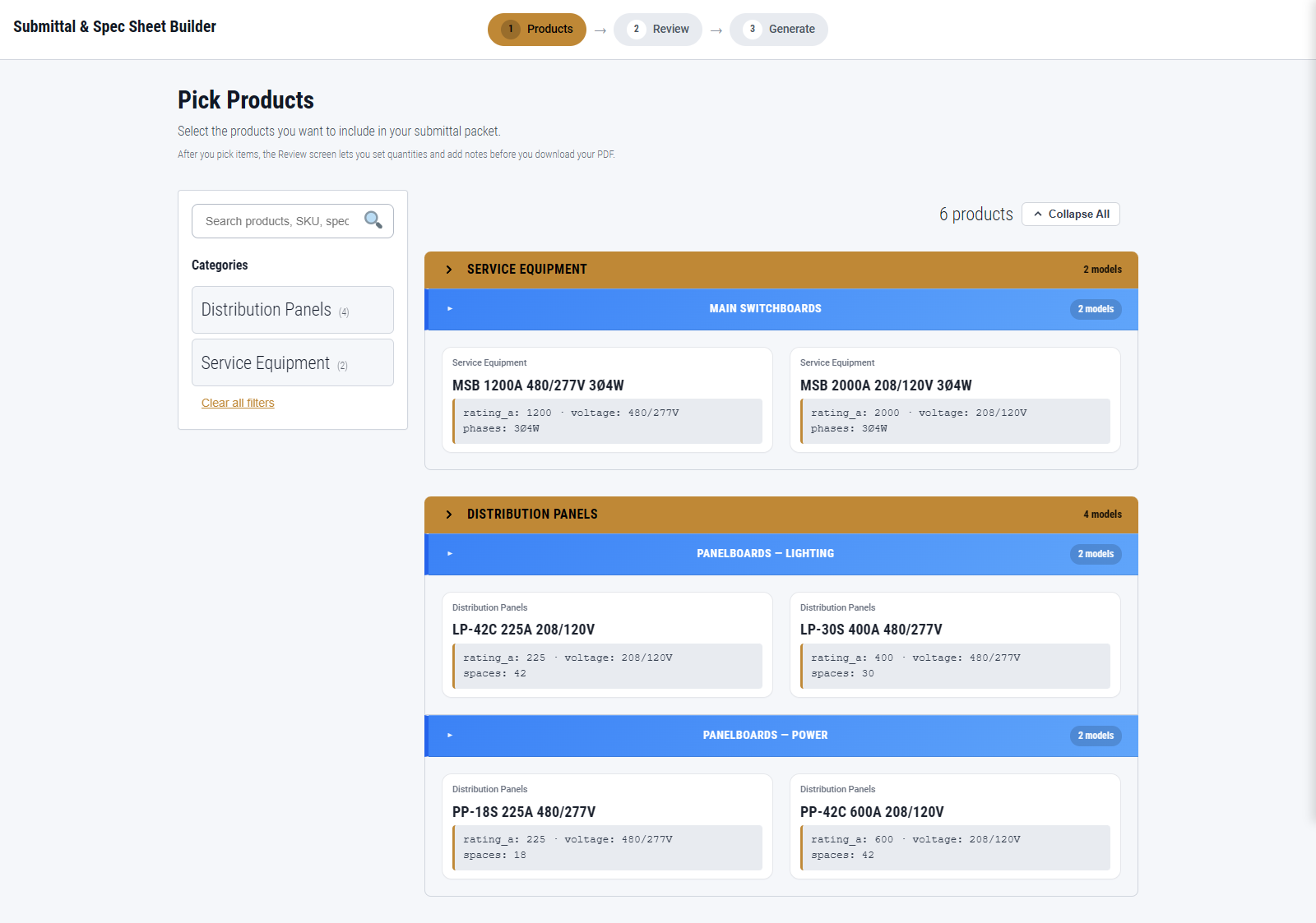 Product browser – browse catalog by category and specification.