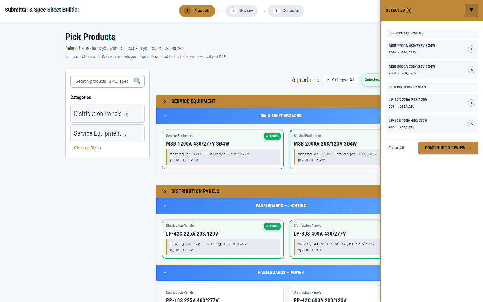 Selection step – add items to submittal with live count and visual feedback.