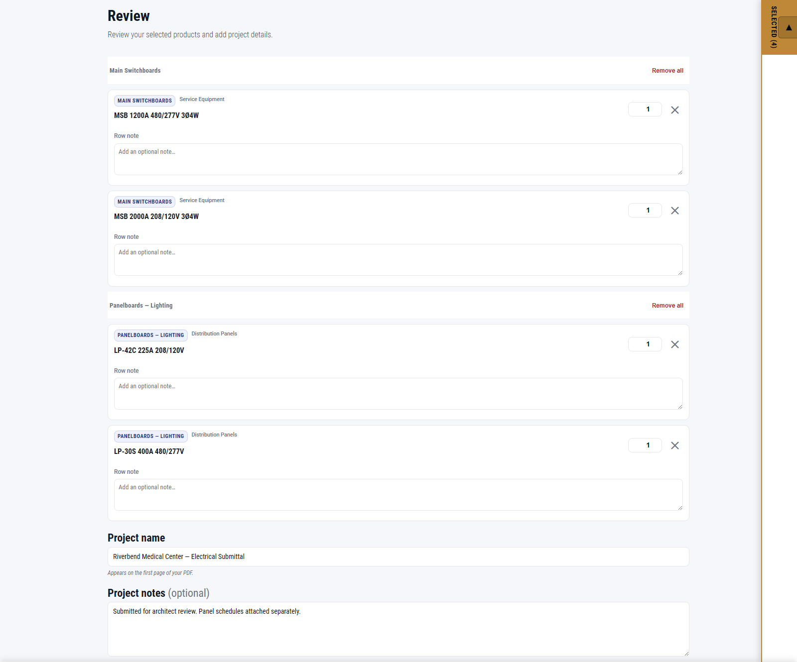 Review screen – confirm selections, set quantities, and add project details before generating.