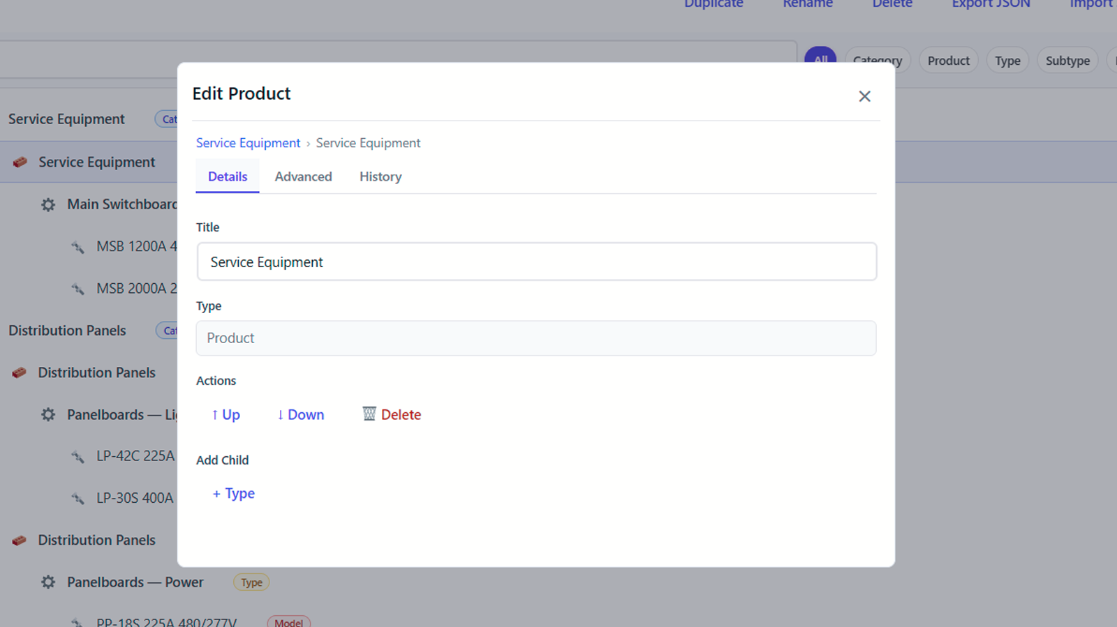 Add categories, types, and models inline while building out the catalog.