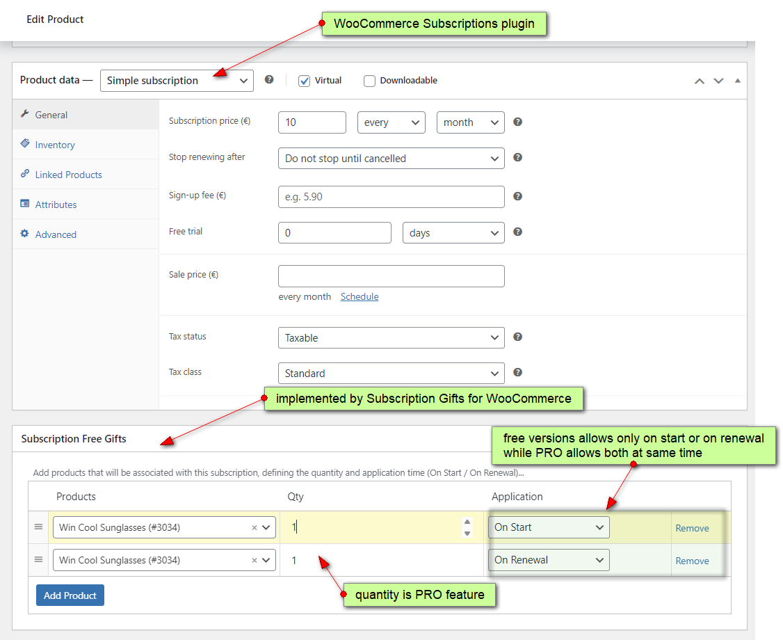 Subscription with defined gifts in edit product page (backend)