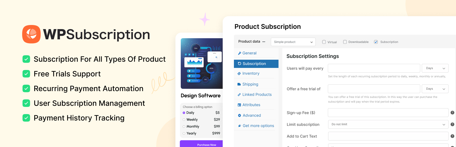 WordPress 外掛 Subscriptions for WooCommerce – Recurring Payments Plugins, Stripe, PayPal, Paddle & More 的封面圖片。