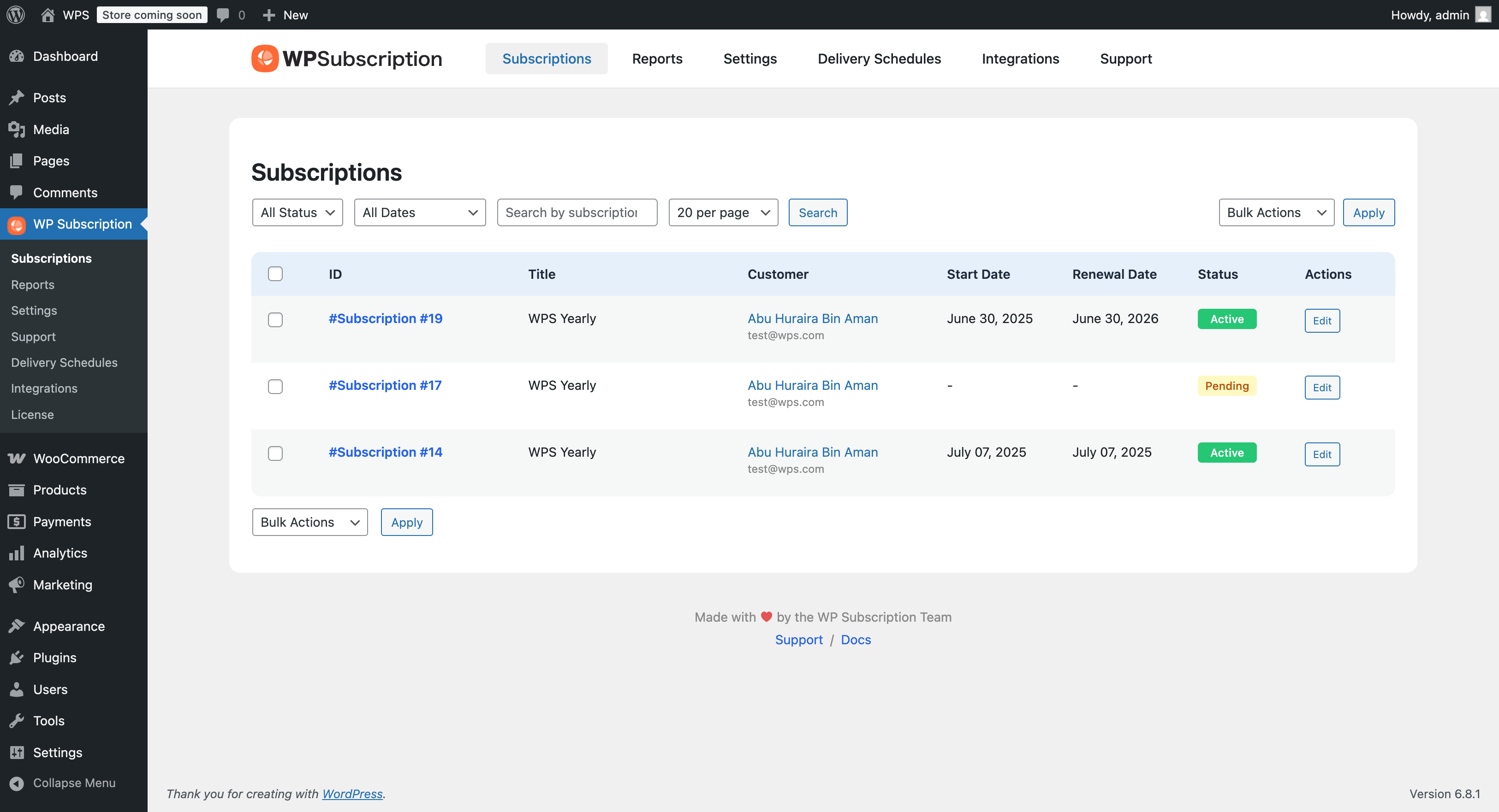 Subscriptions list page
