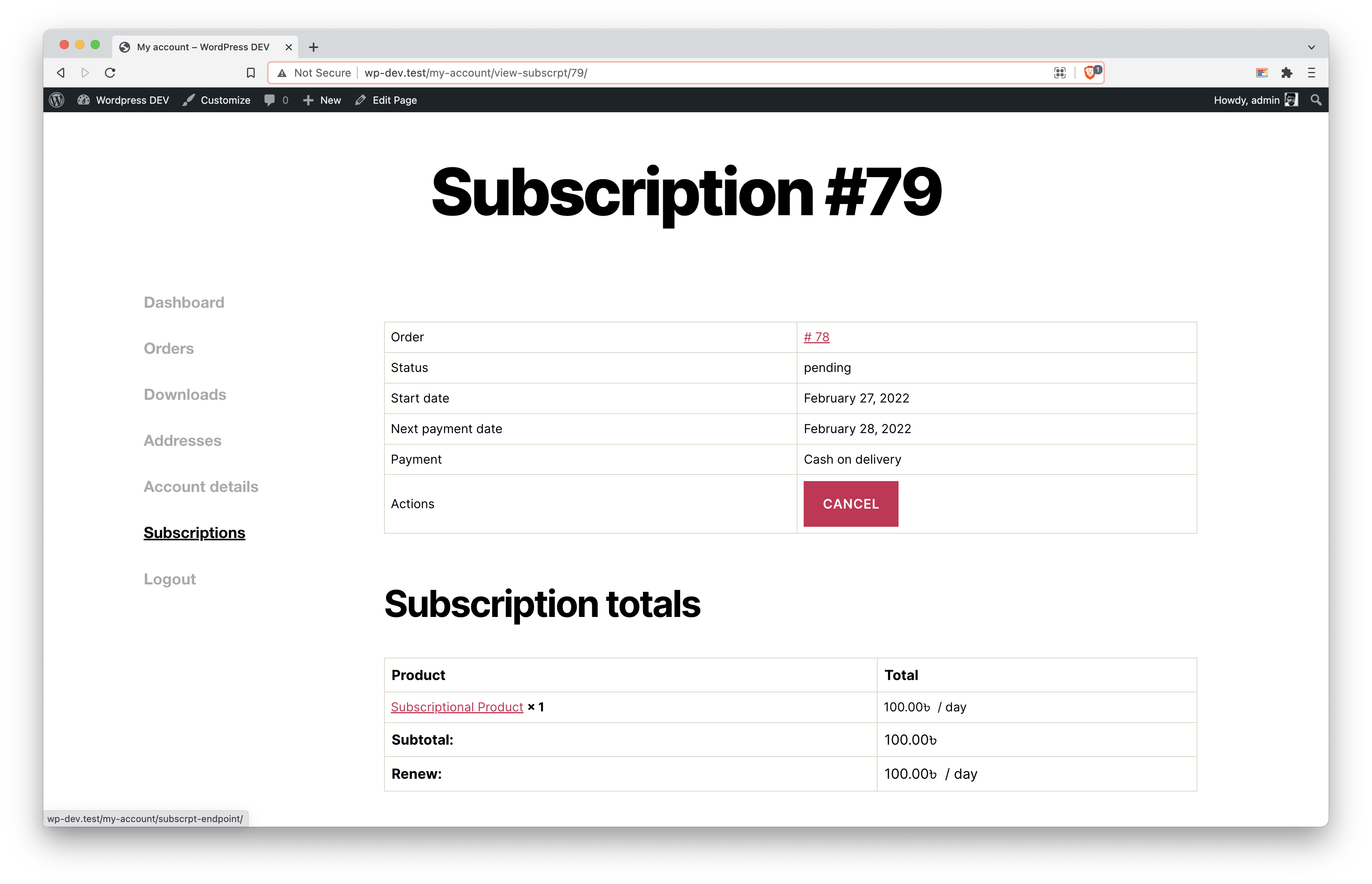 Manage subscription from user