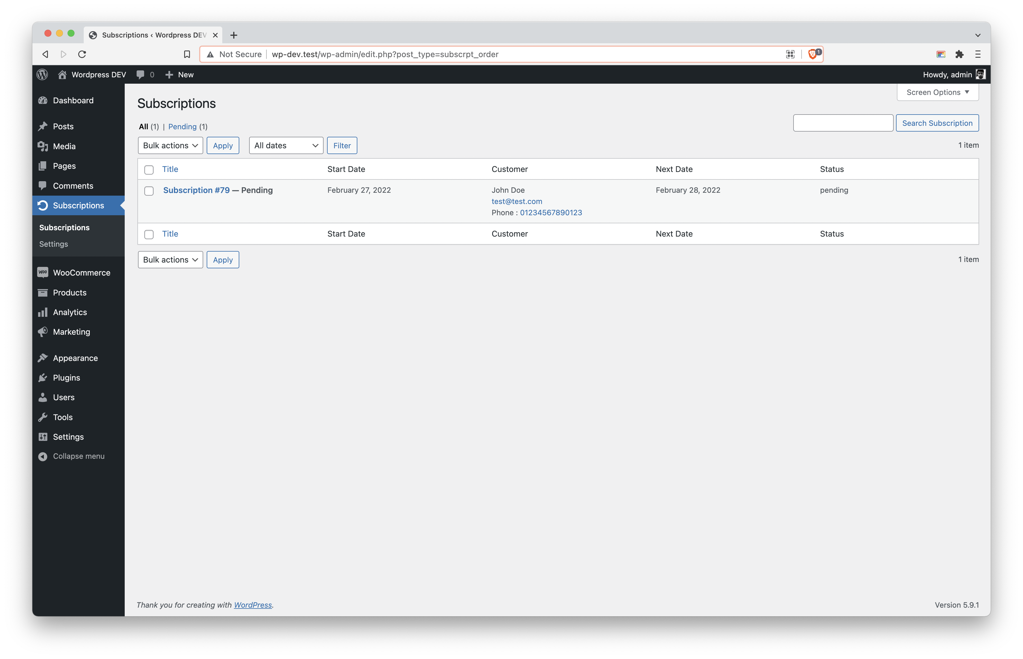 My Account – List of Active Subscriptions