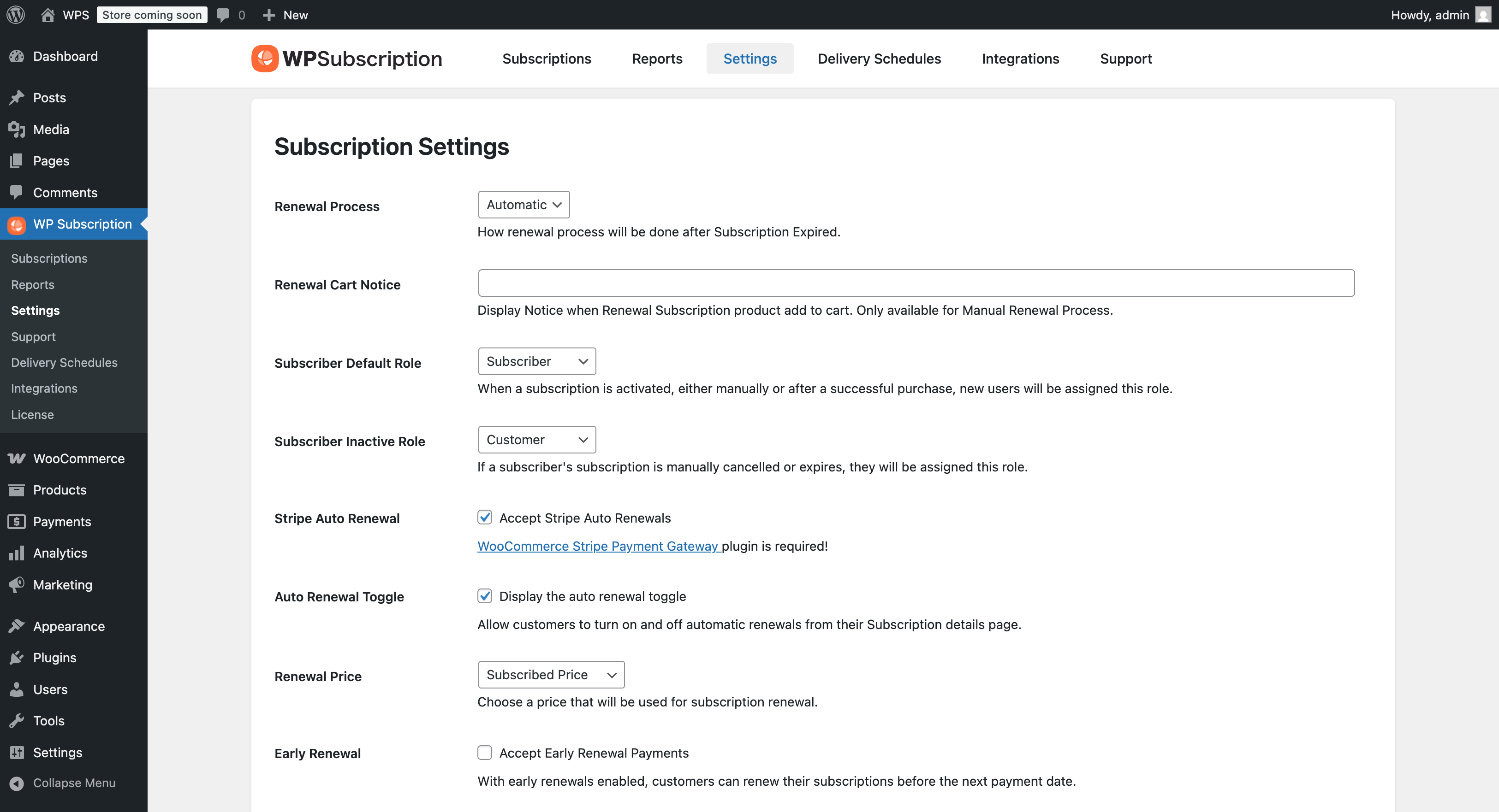 Subscriptions Settings