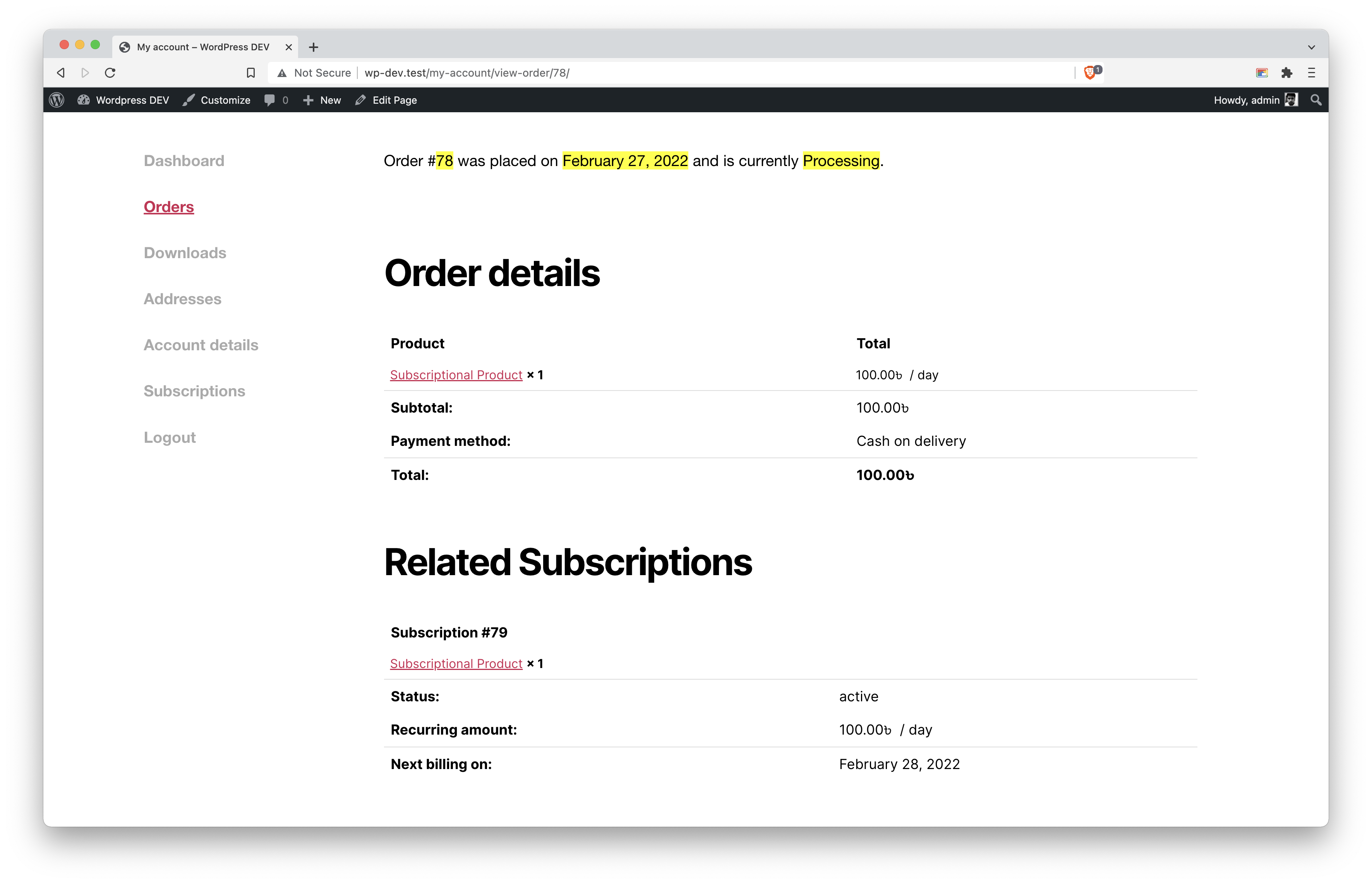 Manage wooCommerce order from user