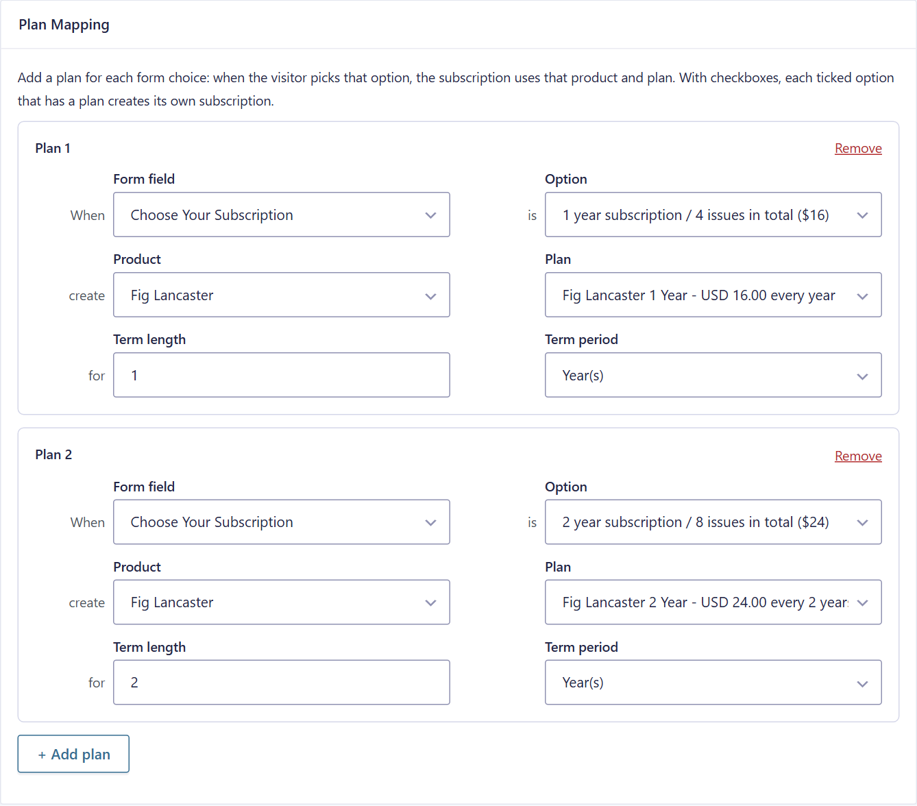 Map form choices to plans: each option creates its own product, plan and term.