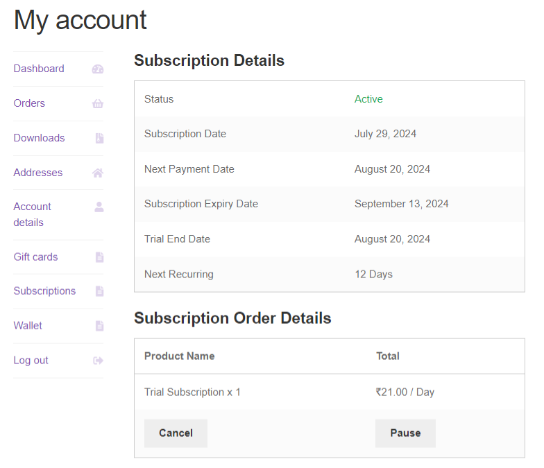 Subscriptions Order Details