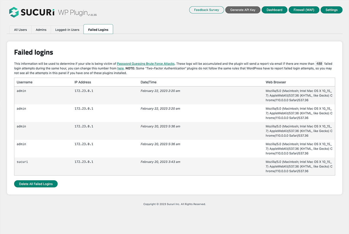 Failed Logins - Shows failed login attempts, successful logins and online users.