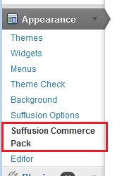 The settings page for the plugin can be accessed via Appearance → Suffusion Commerce Pack.