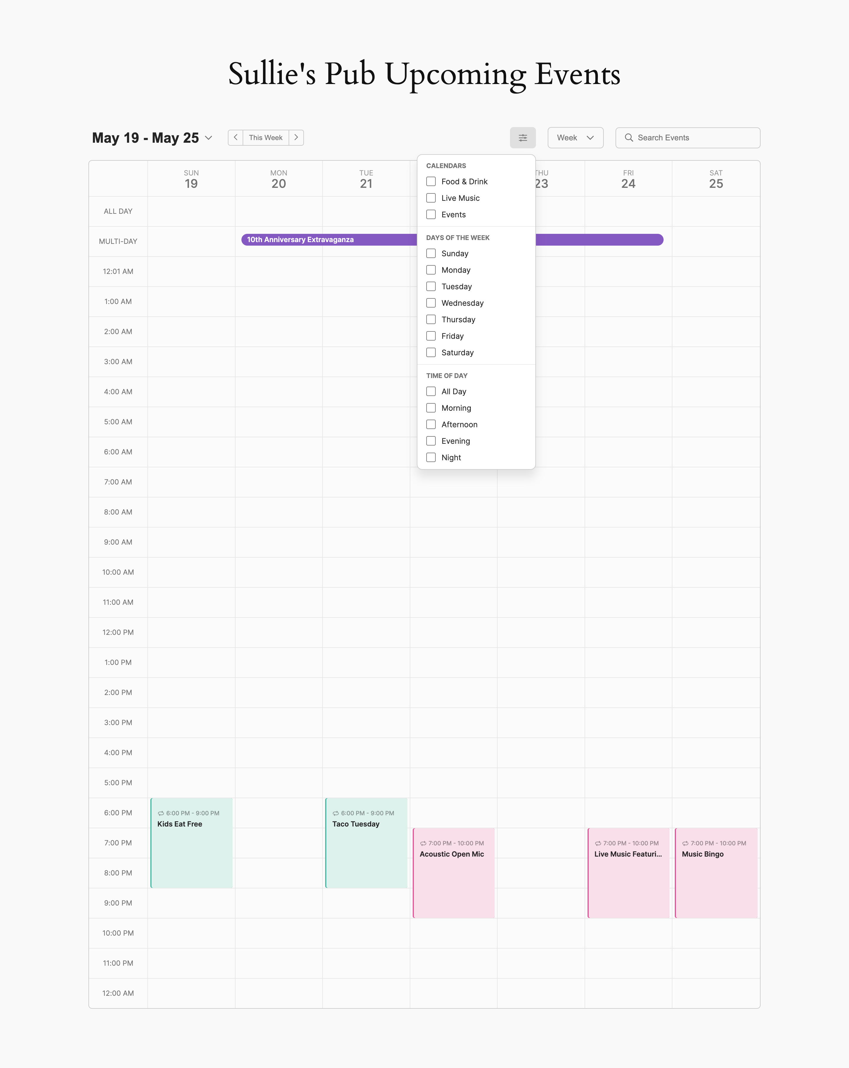 Frontend weekly calendar view with filters using our WP block