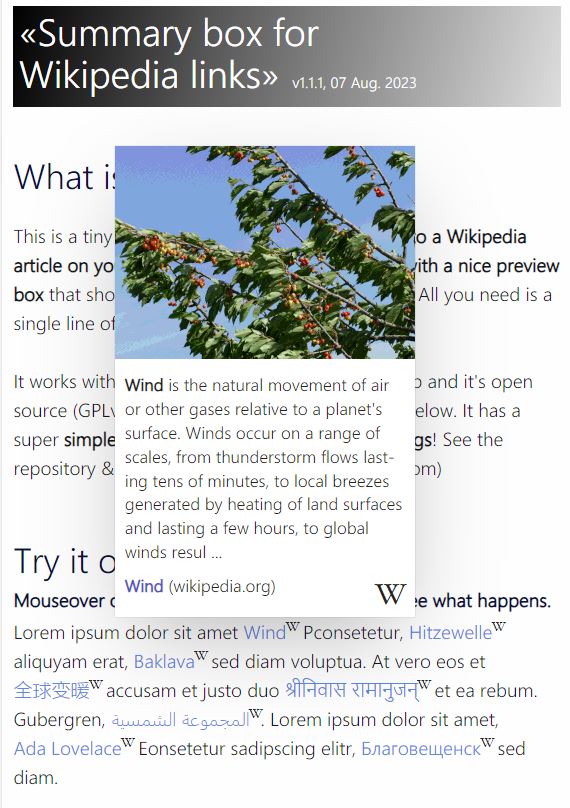 Summary box for Wikipedia links