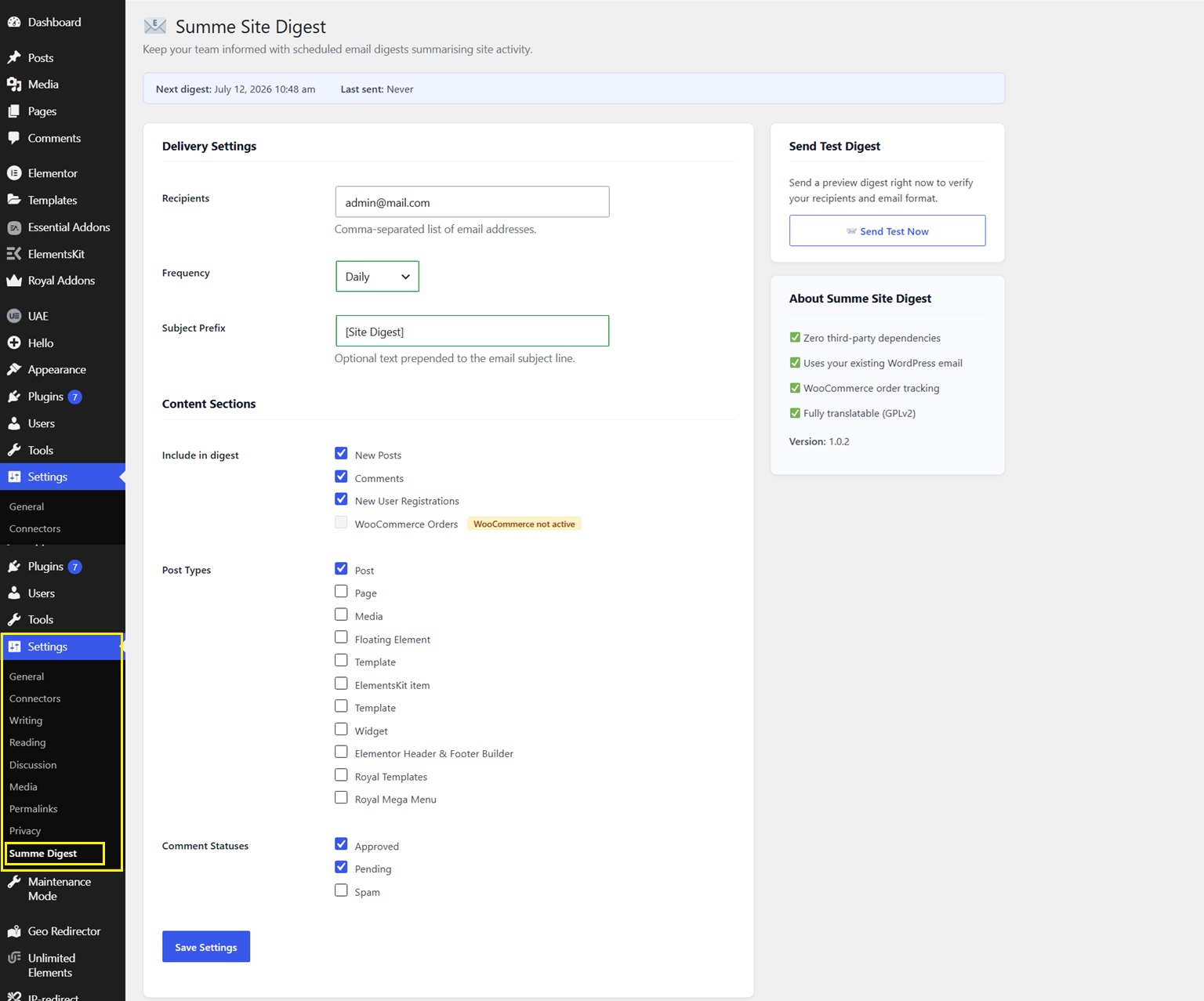 The settings page — configure recipients, frequency, and digest sections.
