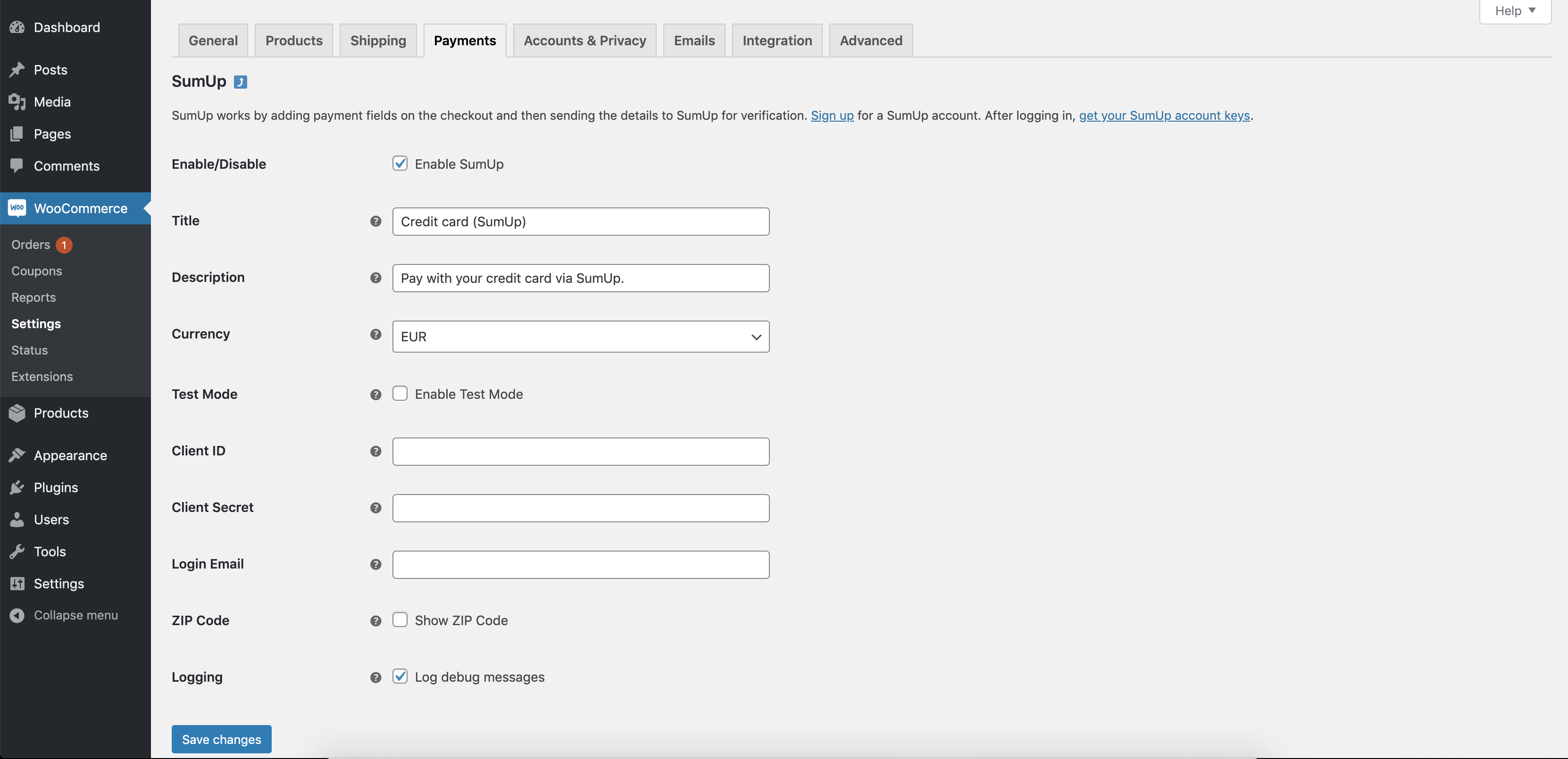 O painel de configurações usado para configurar o gateway fica no método de pagamento do WooCommerce