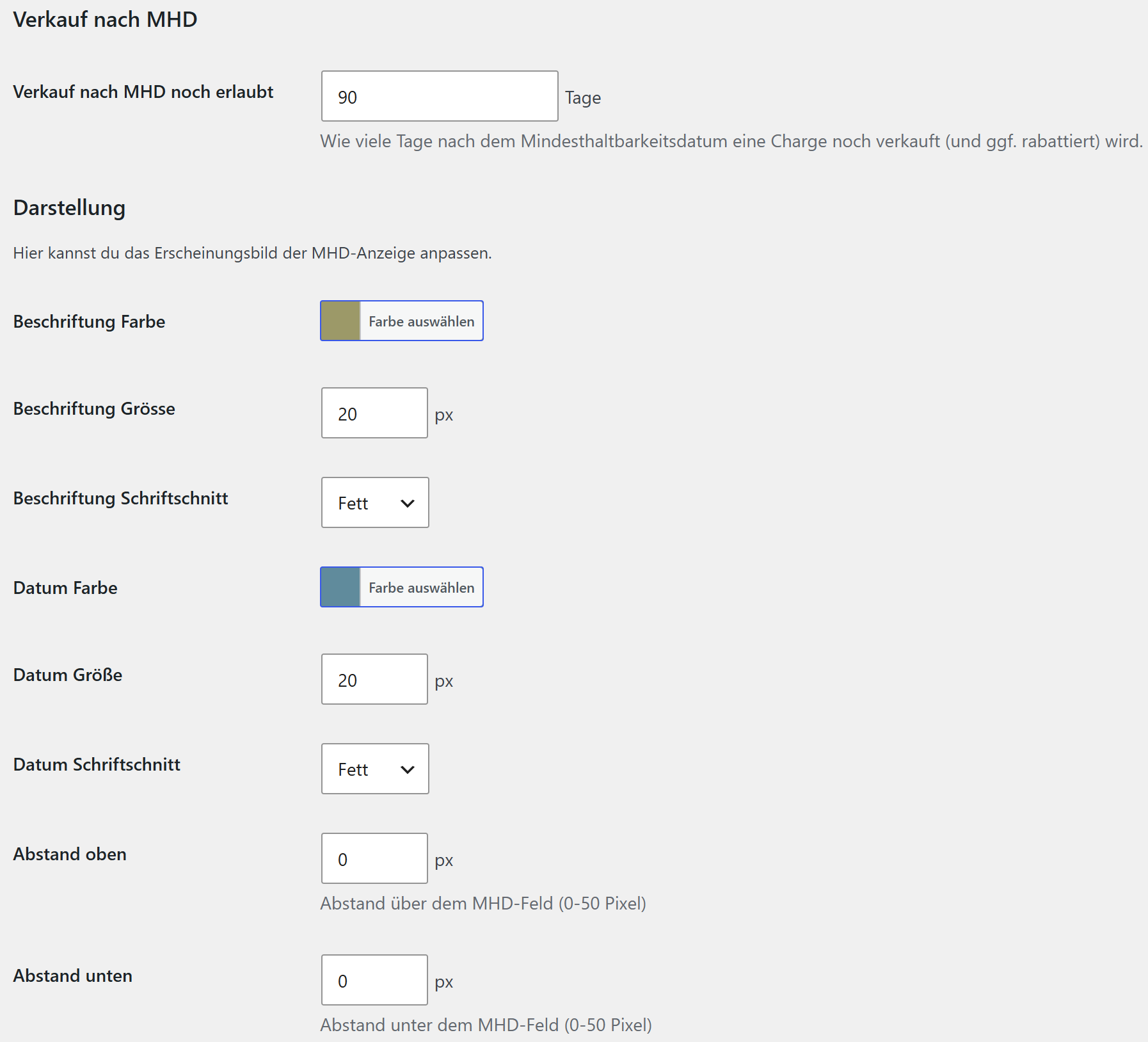"Sell after best-before" grace period and appearance settings.