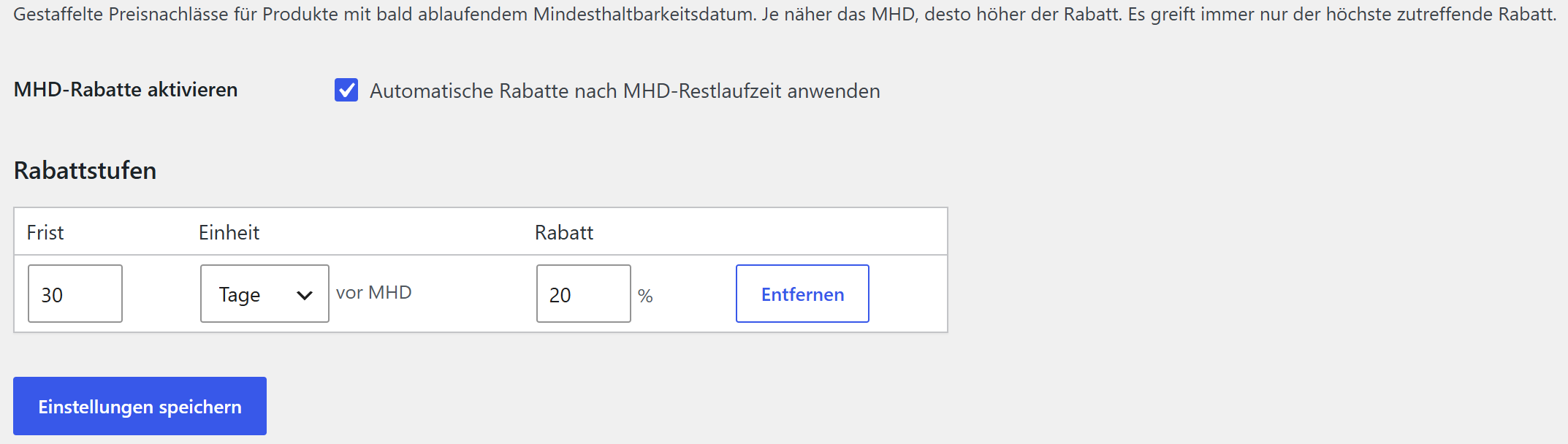 Configurable discount before the best-before date, with an activation toggle.
