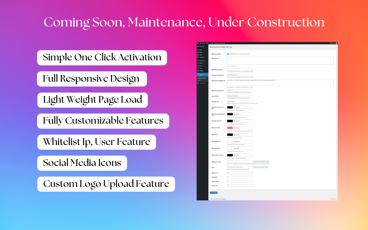 Settings Panel: Easily toggle and customize maintenance mode options.