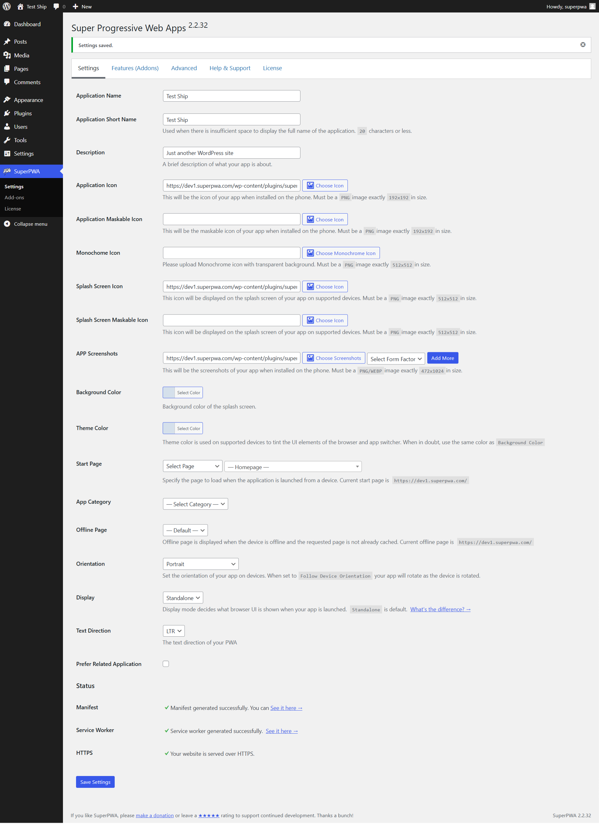 Settings page in WordPress Admin > SuperPWA > Settings