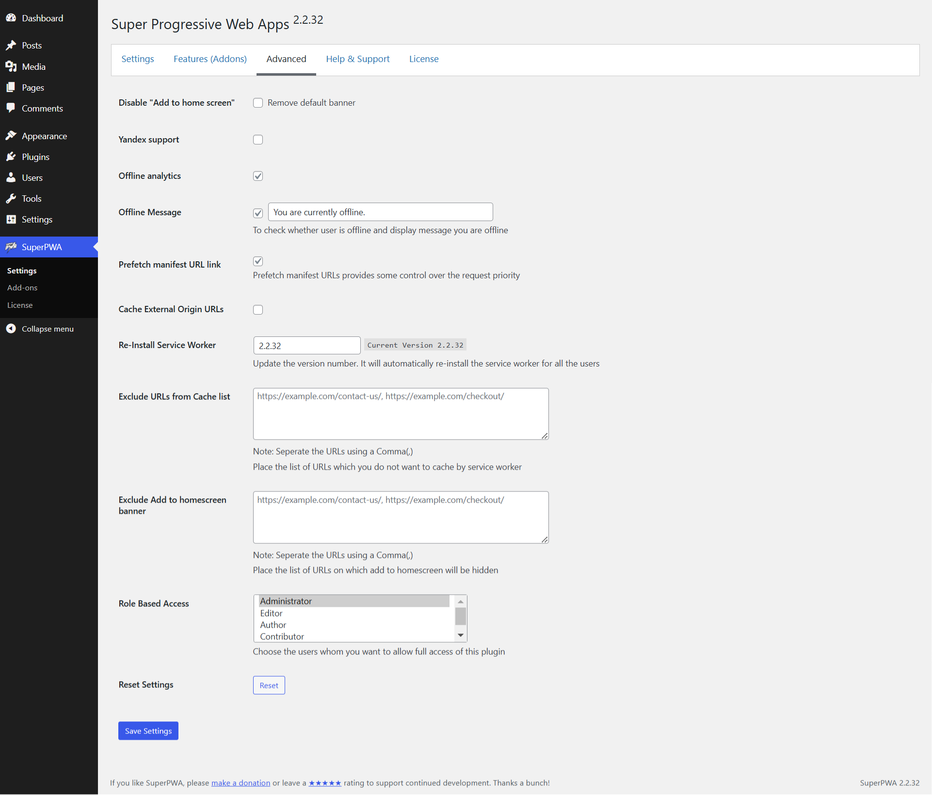 Advanced settings in WordPress Admin > SuperPWA > Advanced