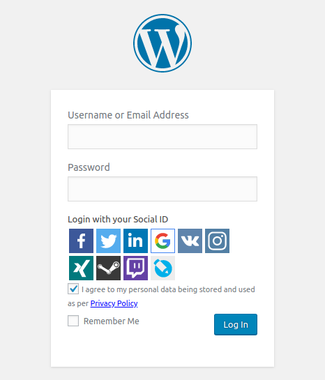 <strong>Social Login</strong>: Social Login interface at Wordpress login form