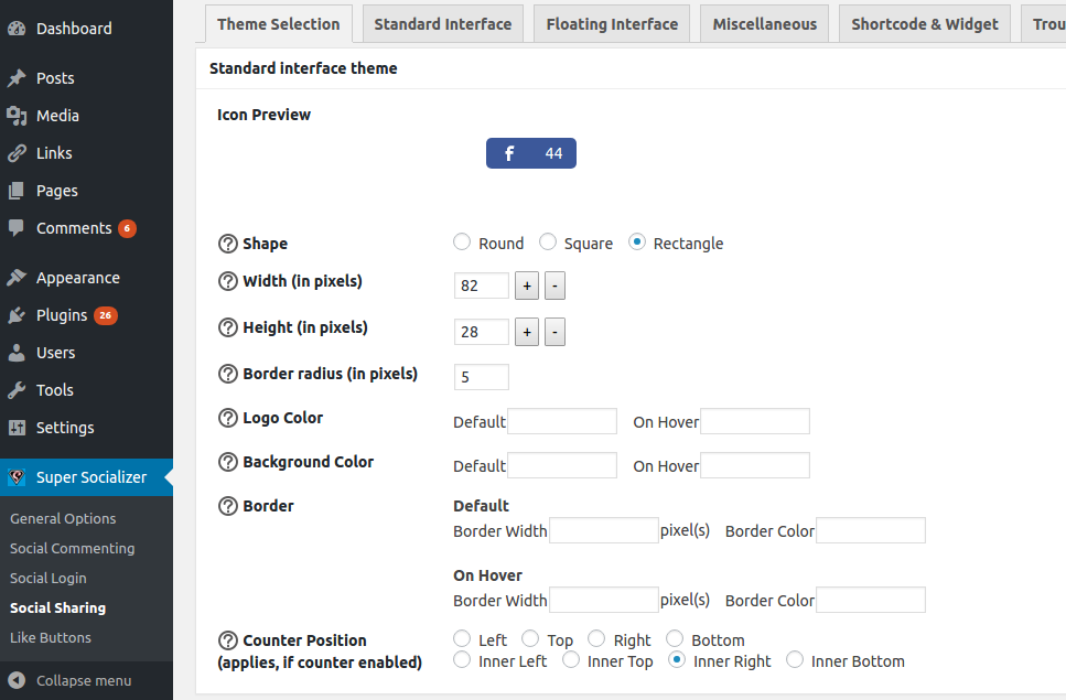 <strong>Social Sharing</strong>: Options to choose size (minimum 16px, no upper limit) and shape (round and square) of sharing icons