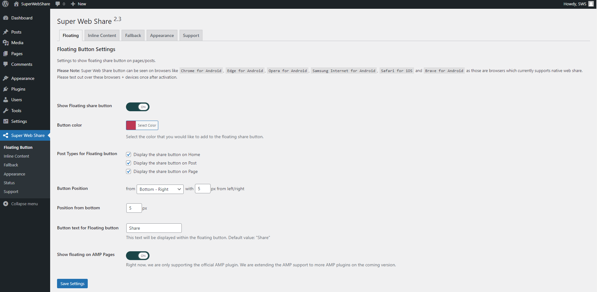Settings page of a Floating button within the WordPress Admin > Super Web Share