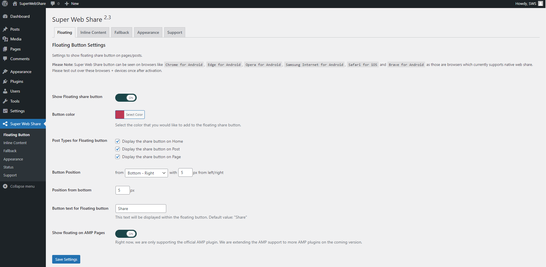 Settings page of a Floating button within the  WordPress Admin &gt; Super Web Share