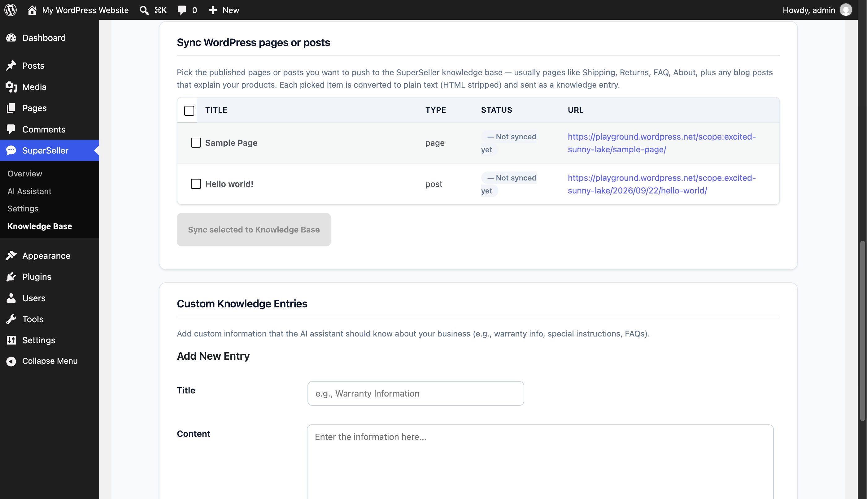 Choose published WordPress pages or posts and add custom answers to the Knowledge Base before syncing.