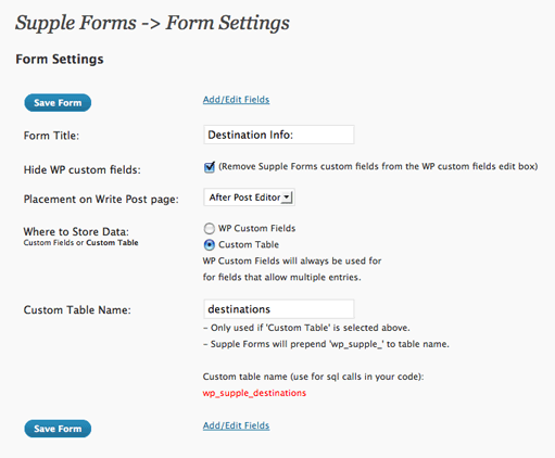 The Form Settings options page