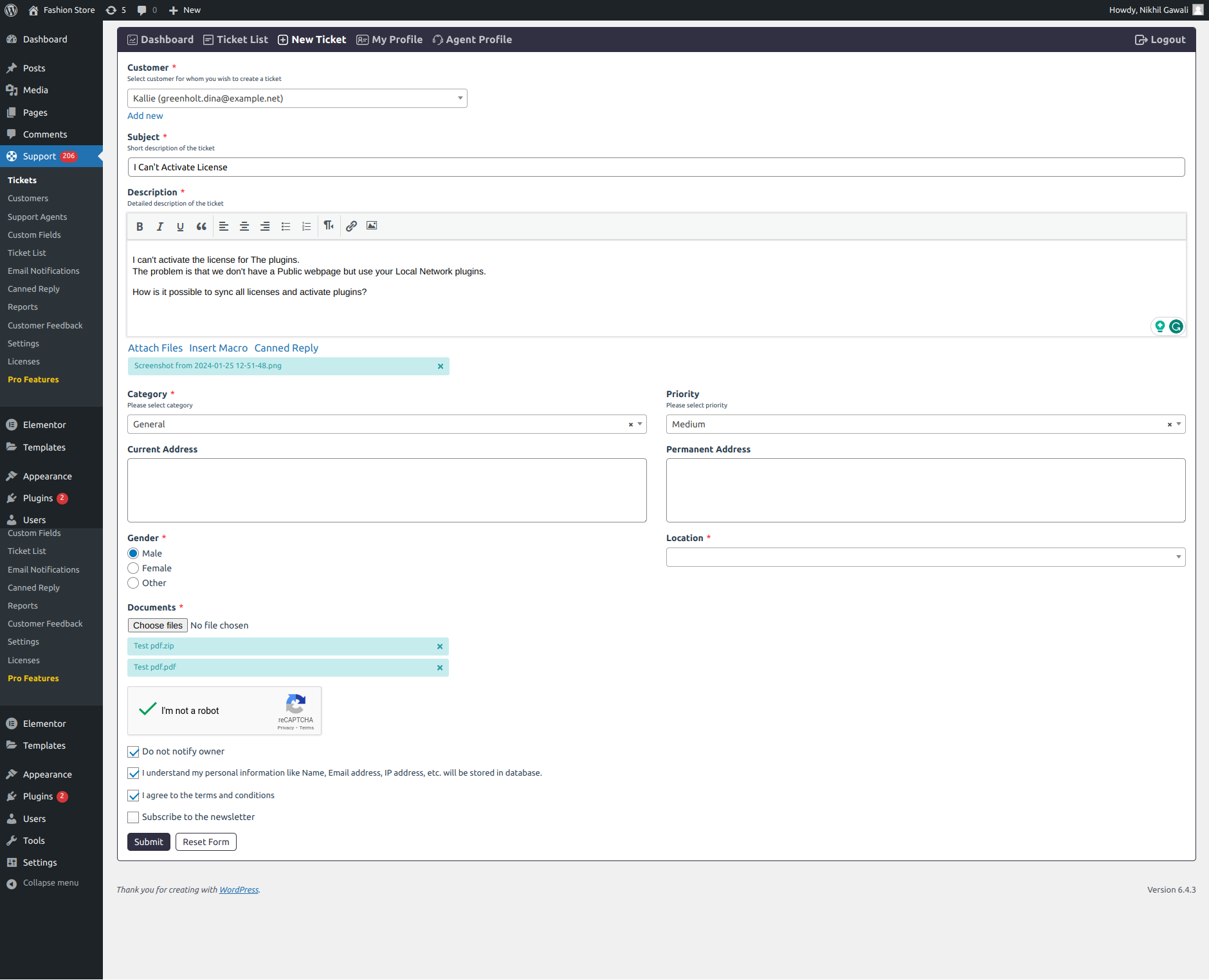 Create ticket form