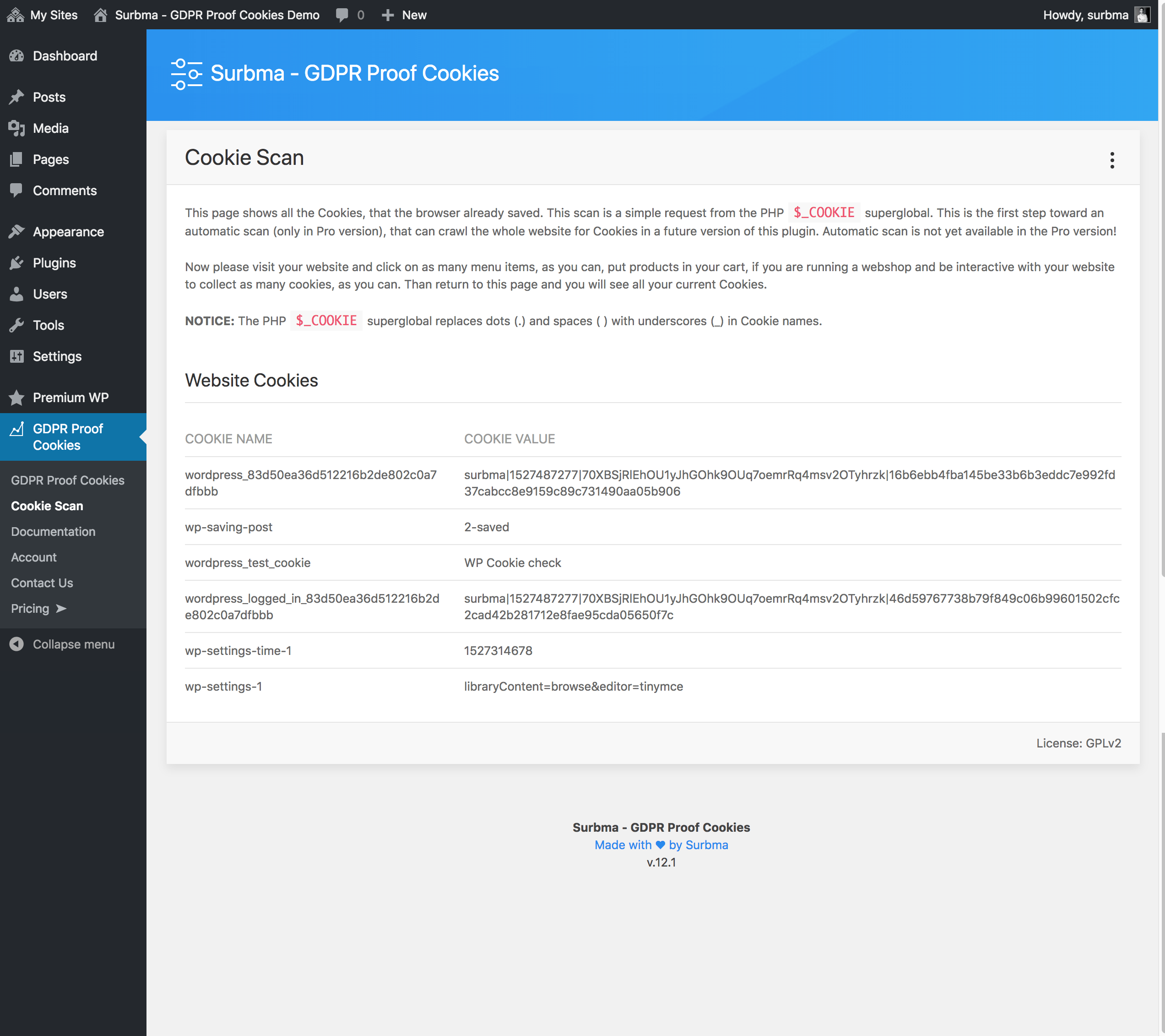 Cookie scan page in admin