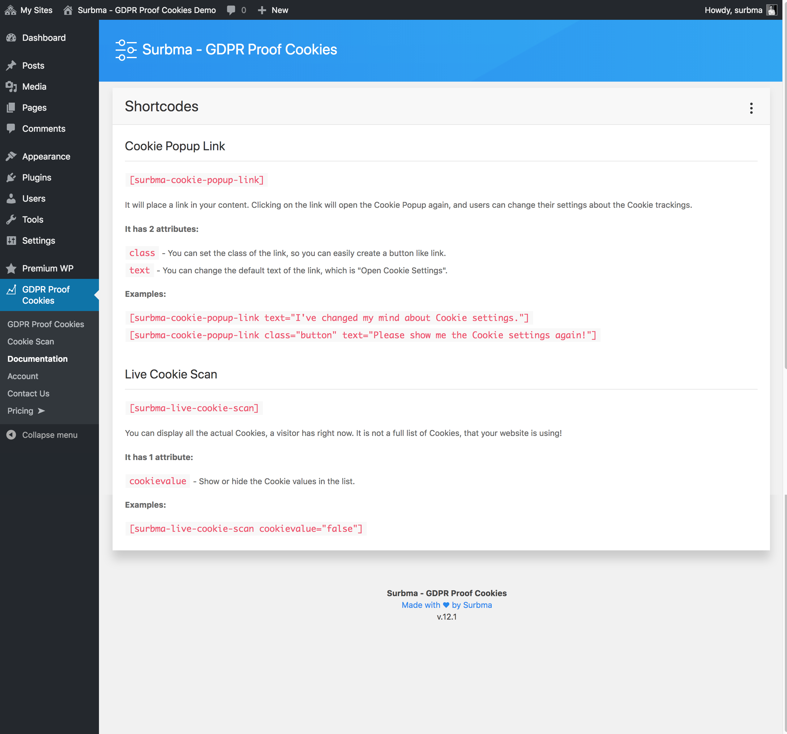 Documentation page in admin