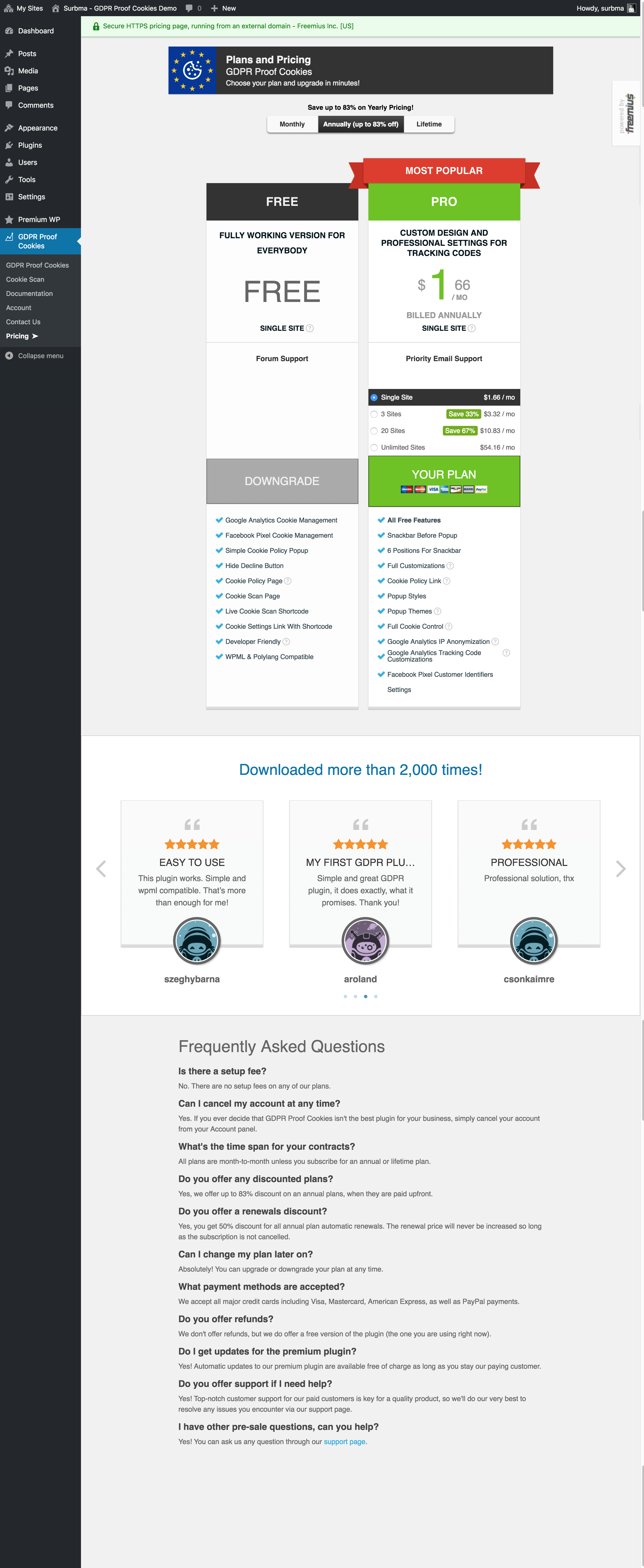 Pricing page in admin