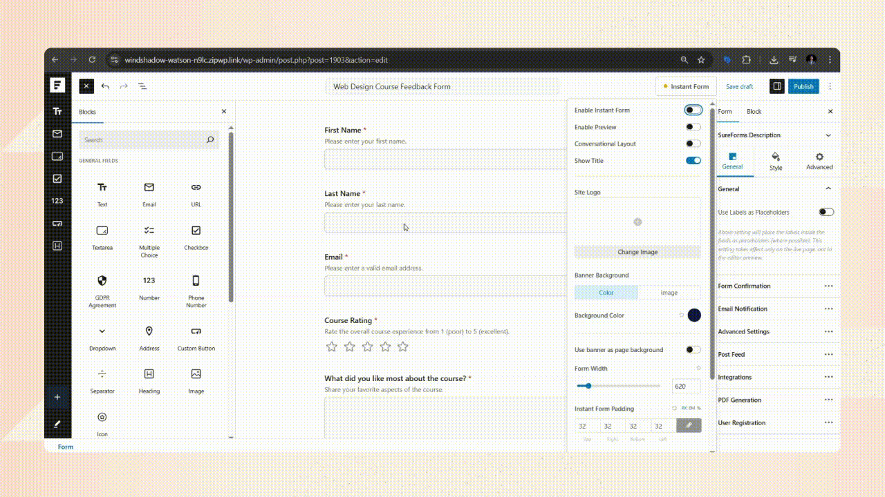 Lastly, publish your forms instantly or easily embed forms in any pages with SureForms' native block.