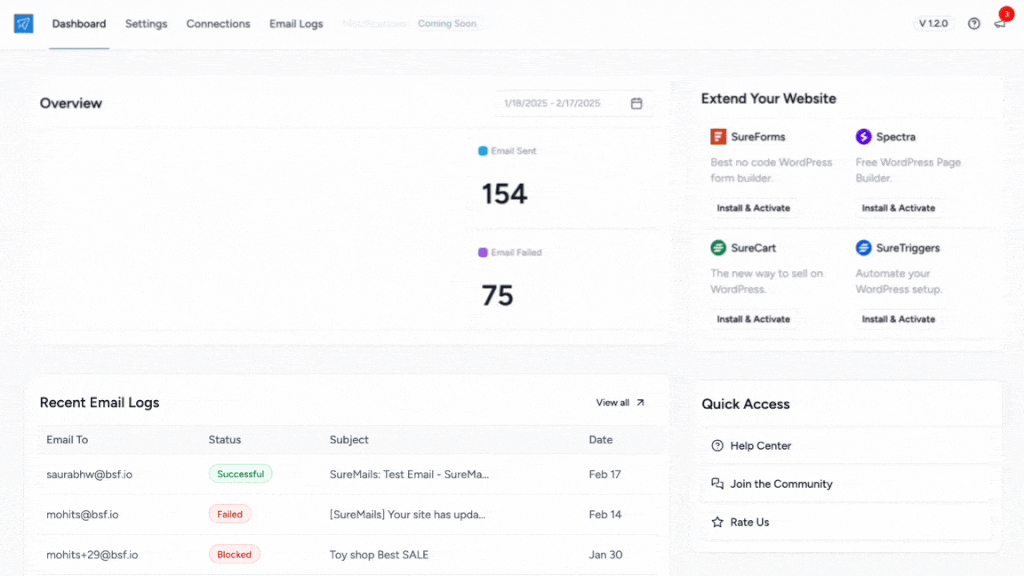 Detailed Dashboard – Monitor your email performance at a glance with real-time insights, delivery stats, and recent email logs—all in one intuitive interface.
