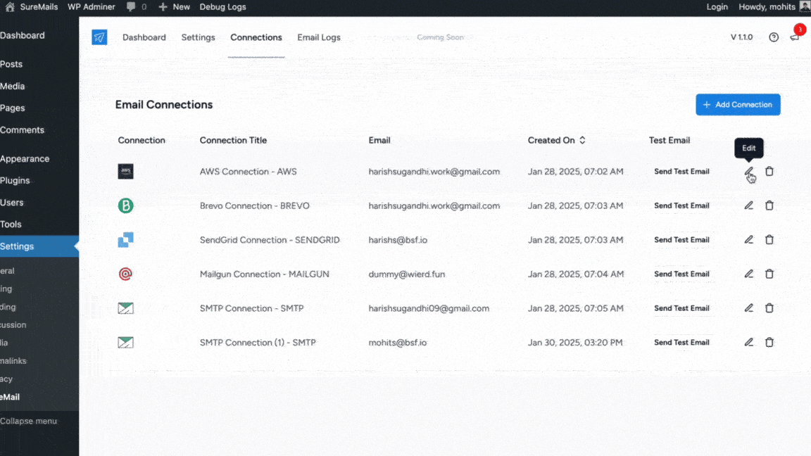 Email Connections – Easily manage multiple SMTP connections, set priorities, and send test emails to ensure reliable email delivery.