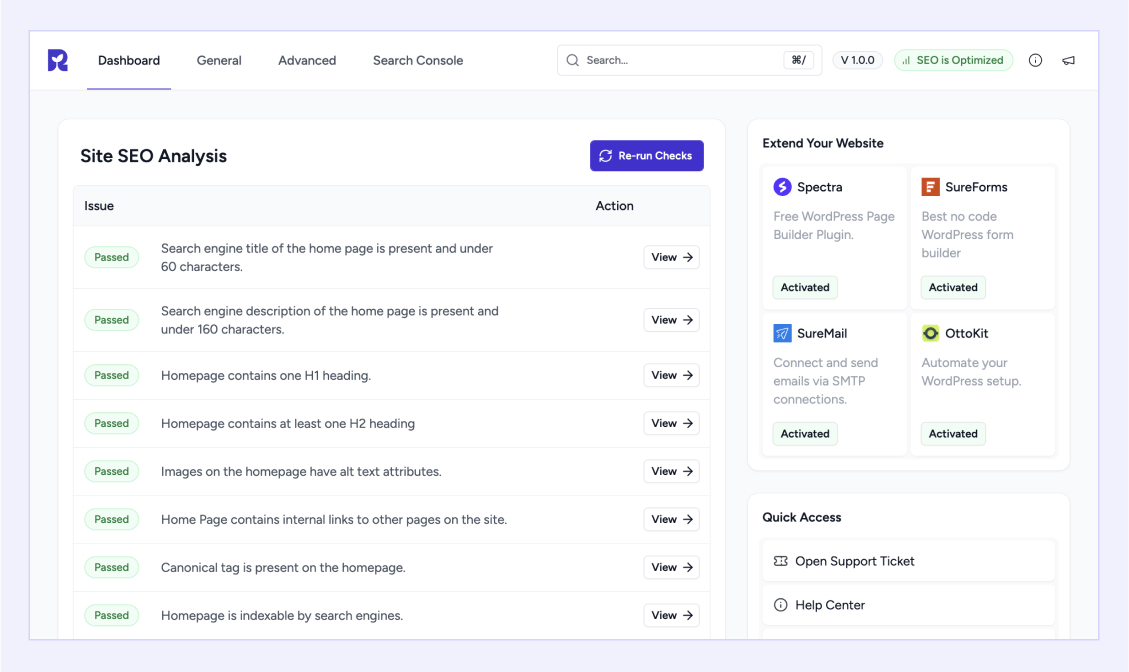 Get a quick overview of your site's SEO health—run automated checks for indexing, sitemaps, and more, all directly from the main dashboard.