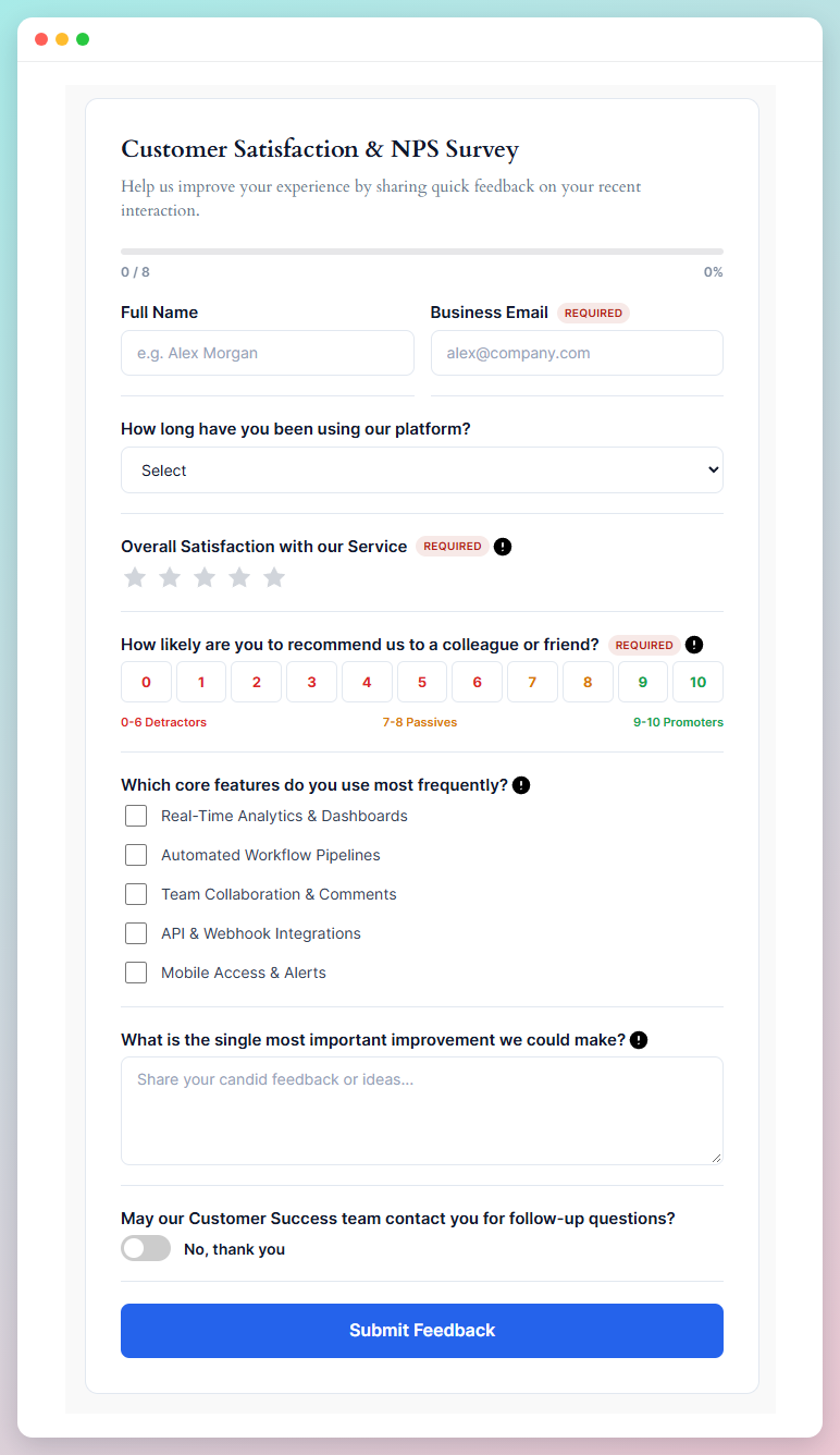 Customer satisfaction survey with a star rating, a 0-10 Net Promoter Score and a completion bar