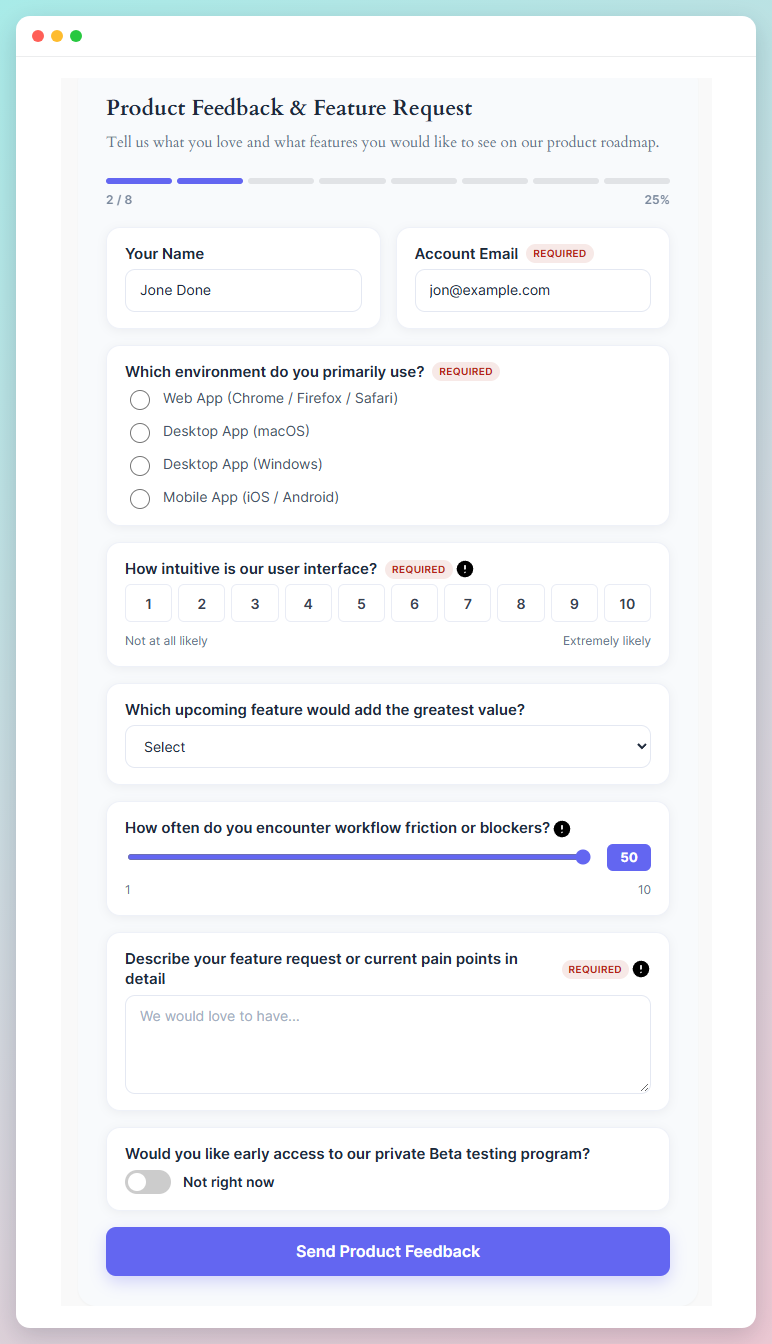Product feedback form combining an opinion scale, a range slider and multiple choice