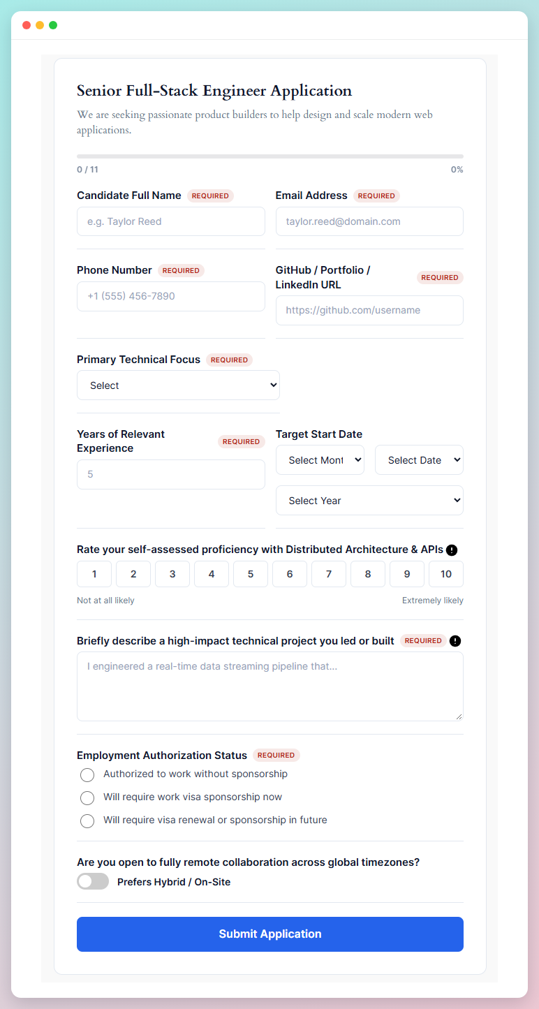 Job application form with file-ready text fields, dropdowns and required-field markers