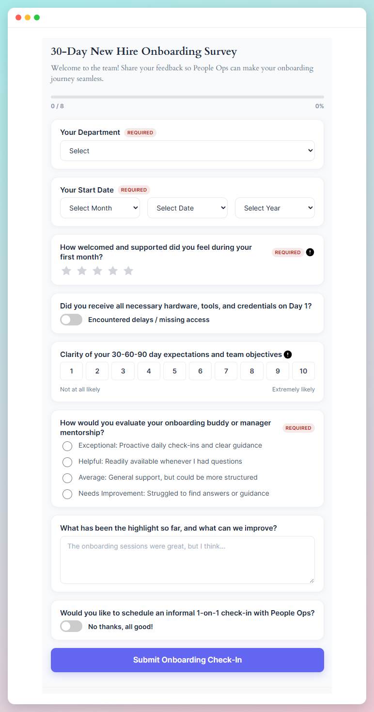 Employee onboarding check-in built on the Soft Card layout