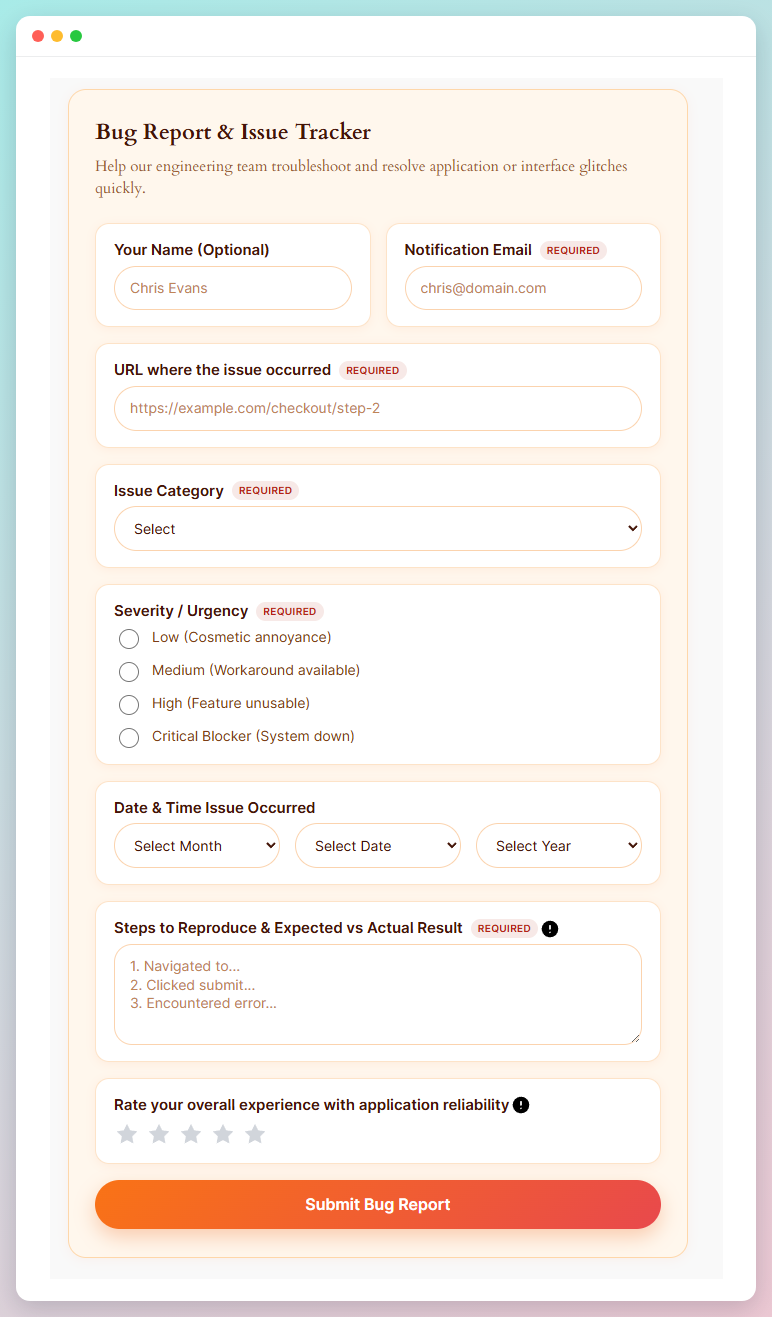 Website usability and bug report form, styled with the Clean Professional theme