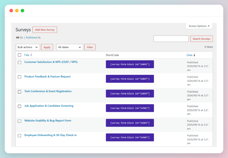 Surveys saved once and reused anywhere: each gets a click-to-copy shortcode