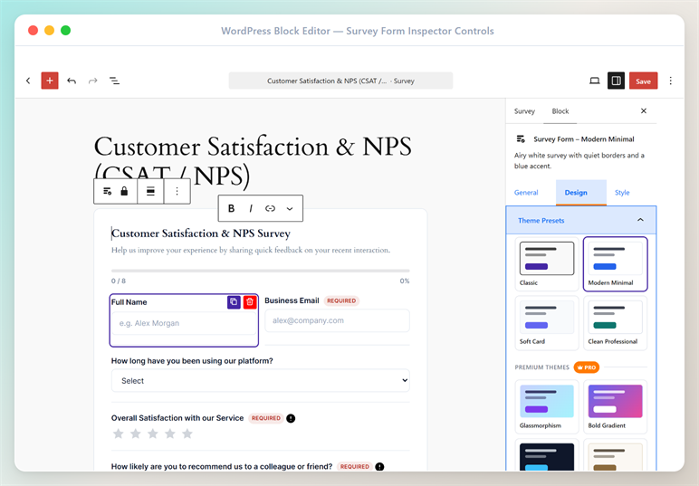 Block inspector controls and settings panel with General, Design, and Style customization tabs